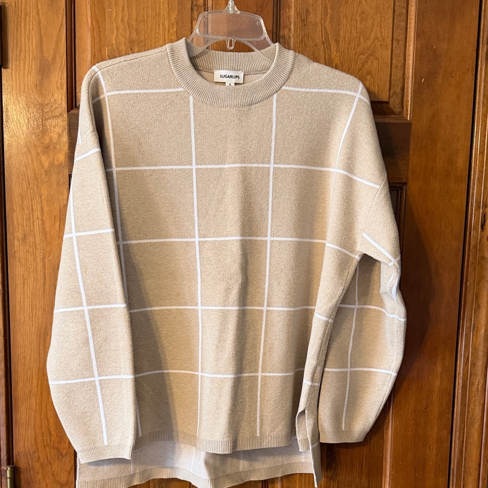 Sugar lips Tan Checkered Crewneck Sweater